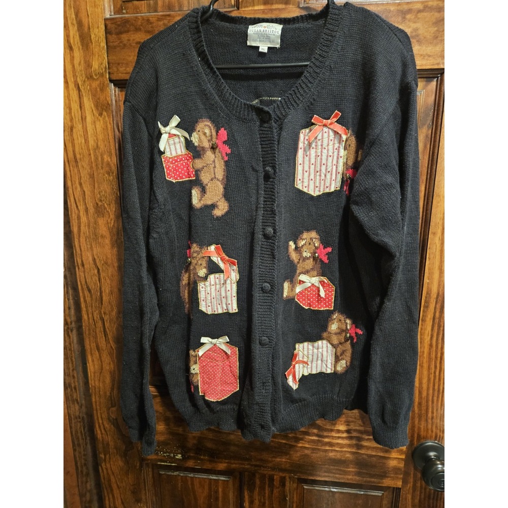 Susan Bristol 1995 Vintage Bear Christmas Ugly Sweater Cardigan XL Holiday Black
